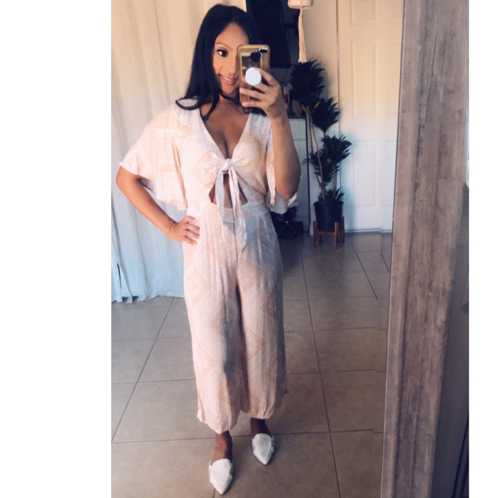 White and blush front tye jumpsuit